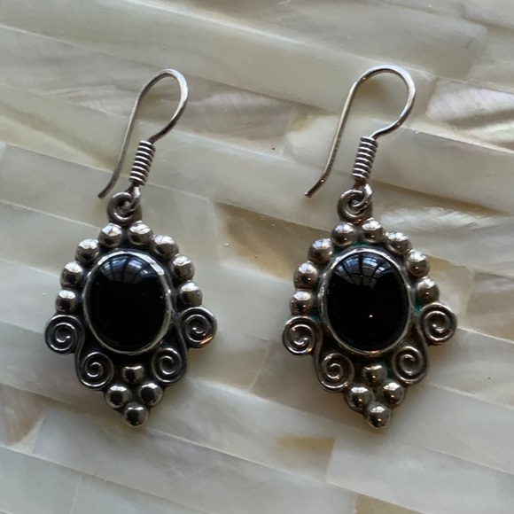 MWS Earrings Sterling 925 Onyx Dangle and Drop Earrings With Fishhook Backing - Picture 1 of 7